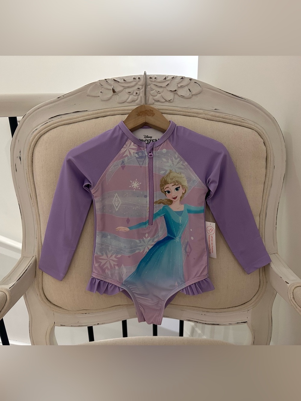 🤍 2T Disney Purple Ruffled Frozen Elsa Long-Sleeve One-Piece Swimsuit NWT